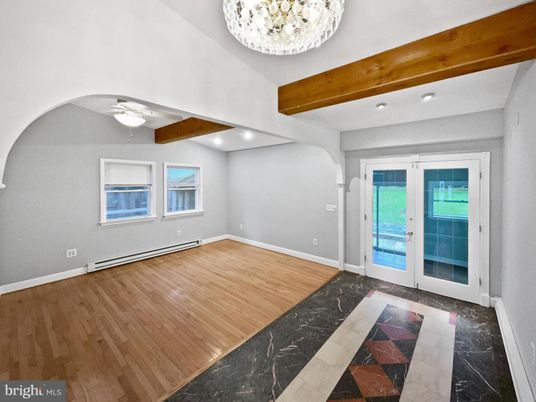 Chandelier, Empty room, Interior, Recessed Lighting, Wooden Beams, Wood Texture Flooring