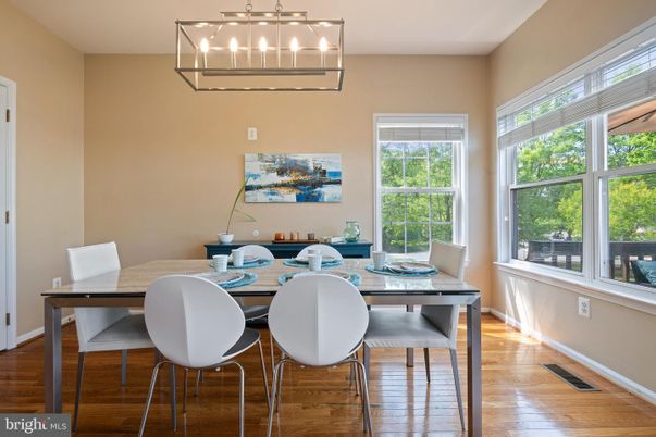 Dining room, Interior, Pendant Lights, Wood Texture Flooring