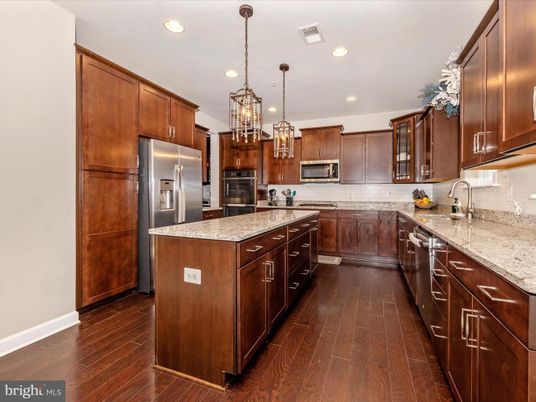 Chandelier, Interior, Kitchen, Pendant Lights, Recessed Lighting, Stainless Steel Appliances, Wood Texture Flooring