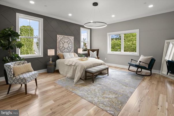 Bedroom, Interior, Pendant Lights, Recessed Lighting, Wood Texture Flooring