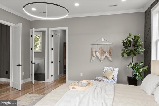 Bedroom, Interior, Pendant Lights, Recessed Lighting, Wood Texture Flooring