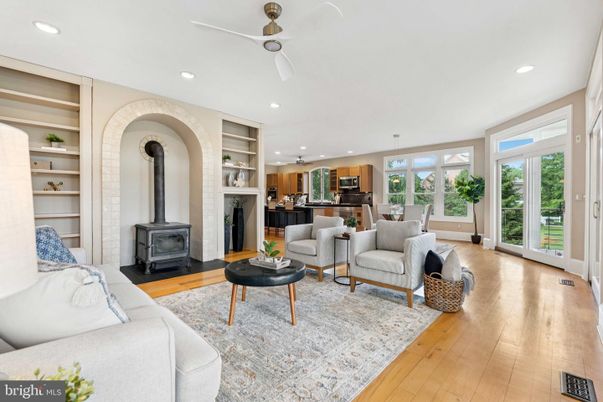 Dining room, Fireplace, Interior, Kitchen, Living room, Pendant Lights, Recessed Lighting, Stone Walls, Wood Texture Flooring