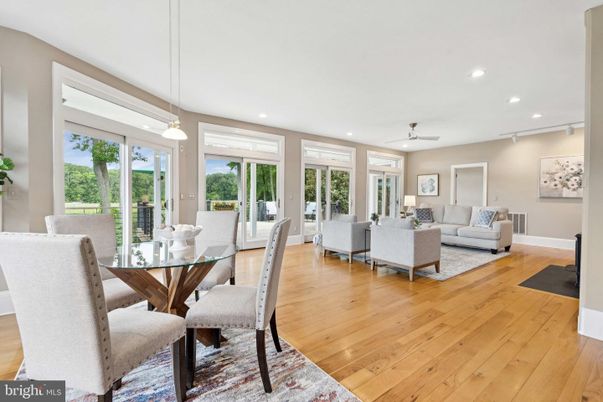Dining room, Interior, Living room, Pendant Lights, Recessed Lighting, Wood Texture Flooring
