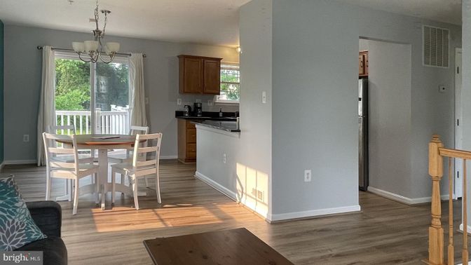 Dining room, Interior, Kitchen, Pendant Lights, Wood Texture Flooring