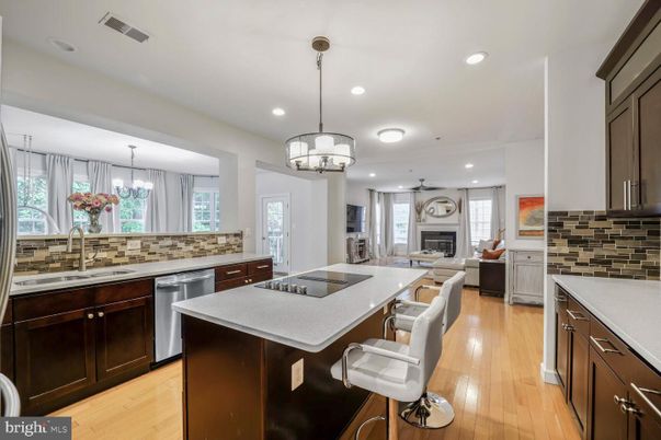 Fireplace, Interior, Kitchen, Living room, Pendant Lights, Recessed Lighting, Stainless Steel Appliances, Wood Texture Flooring