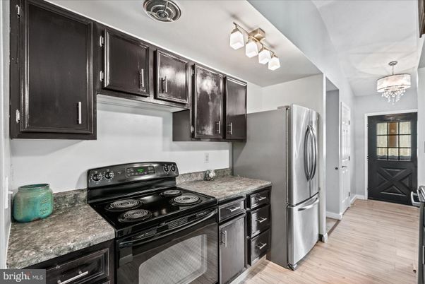 Chandelier, Interior, Kitchen, Stainless Steel Appliances, Wood Texture Flooring