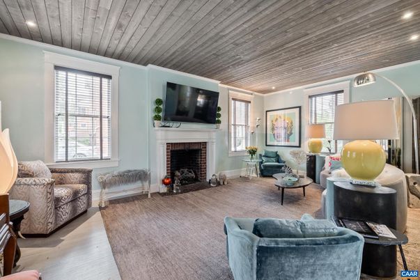 Fireplace, Interior, Living room, Recessed Lighting, Wooden Ceilings, Wood Texture Flooring