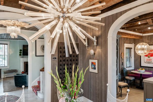 Chandelier, Dining room, Interior, Pendant Lights, Wooden Beams, Wood Texture Flooring, Wooden Walls