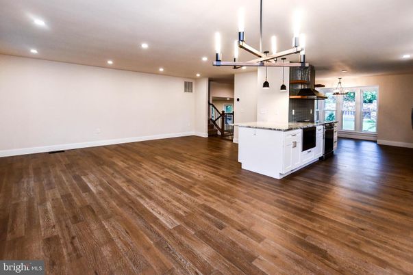 Empty room, Interior, Kitchen, Pendant Lights, Recessed Lighting, Wood Texture Flooring