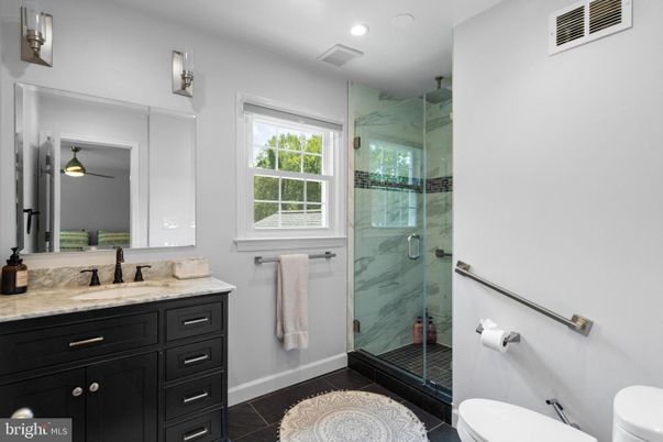 Bathroom, Glass Shower, Interior, Marble Walls, Recessed Lighting