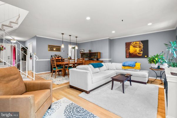 Dining room, Interior, Living room, Pendant Lights, Recessed Lighting, Wood Texture Flooring