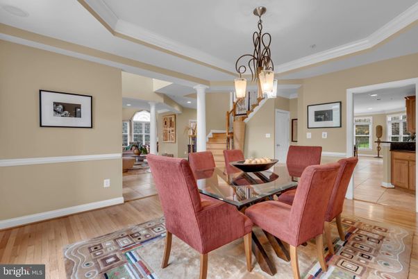 Dining room, Interior, Pendant Lights, Recessed Lighting, Wood Texture Flooring
