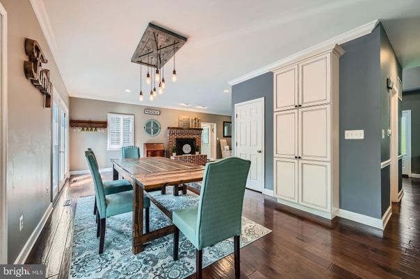Dining room, Fireplace, Interior, Pendant Lights, Recessed Lighting, Wood Texture Flooring