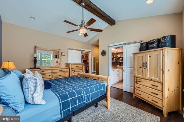 Bedroom, Interior, Recessed Lighting, Wooden Beams, Wood Texture Flooring