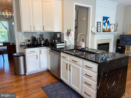 Chandelier, Fireplace, Interior, Kitchen, Pendant Lights, Wood Texture Flooring