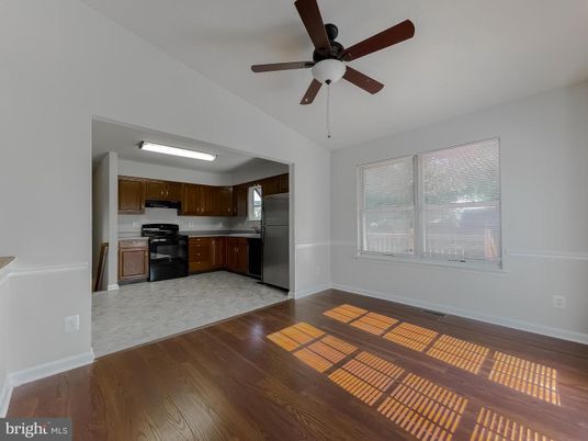 Empty room, Interior, Kitchen, Stainless Steel Appliances, Wood Texture Flooring