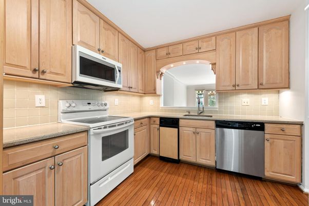 Interior, Kitchen, Tile Countertops, Wood Texture Flooring