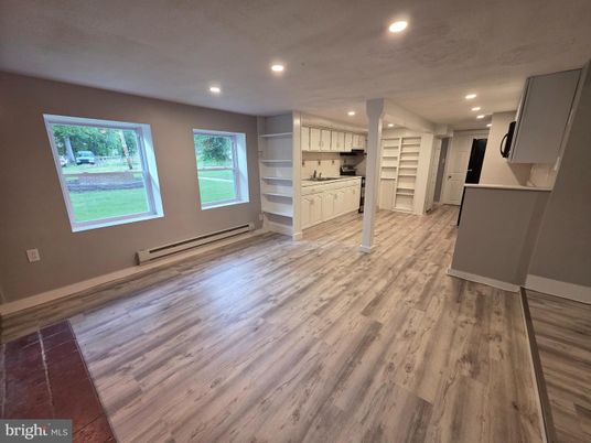 Empty room, Interior, Kitchen, Recessed Lighting, Wood Texture Flooring