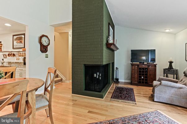 Dining room, Fireplace, Interior, Recessed Lighting, Wood Texture Flooring