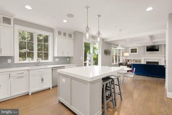 Fireplace, Interior, Kitchen, Living room, Pendant Lights, Recessed Lighting, Wood Texture Flooring