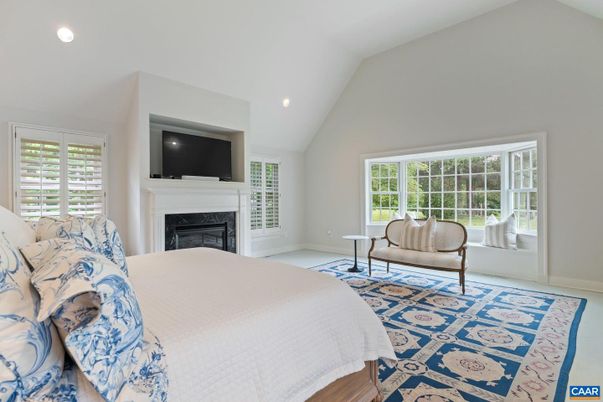 Bedroom, Fireplace, Interior, Recessed Lighting, Wood Texture Flooring