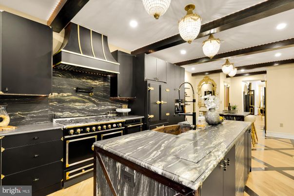 Interior, Kitchen, Pendant Lights, Recessed Lighting, Stainless Steel Appliances, Wooden Beams, Wood Texture Flooring