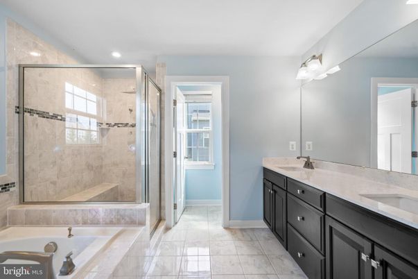 Bathroom, Dual Sink Vanities, Glass Shower, Interior, Recessed Lighting