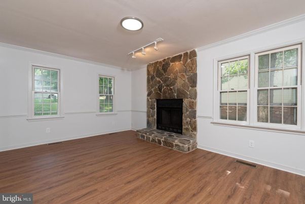 Empty room, Fireplace, Interior, Stone Walls, Wood Texture Flooring