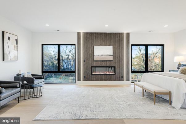 Bedroom, Fireplace, Interior, Recessed Lighting, Wood Texture Flooring