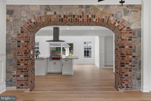 Interior, Kitchen, Recessed Lighting, Stone Walls, Wood Texture Flooring
