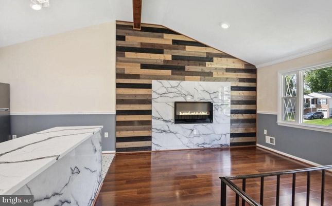 Fireplace, Interior, Recessed Lighting, Wood Texture Flooring, Wooden Walls