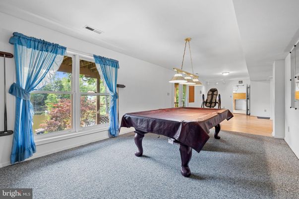 Billiard Table, Game Room, Interior, Pendant Lights, Wood Texture Flooring
