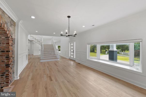 Chandelier, Empty room, Interior, Pendant Lights, Recessed Lighting, Stone Walls, Wood Texture Flooring