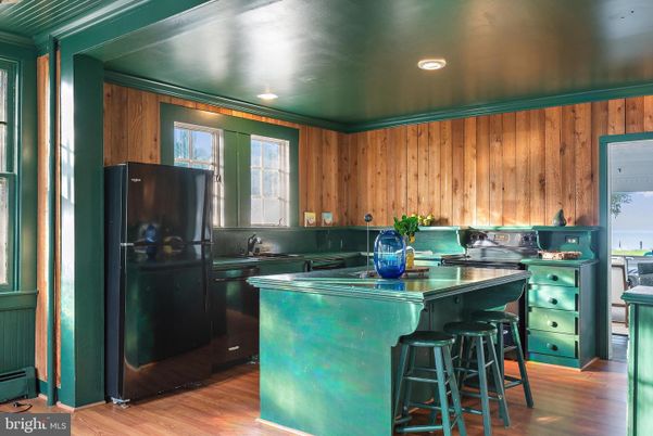 Interior, Kitchen, Recessed Lighting, Wood Texture Flooring, Wooden Walls