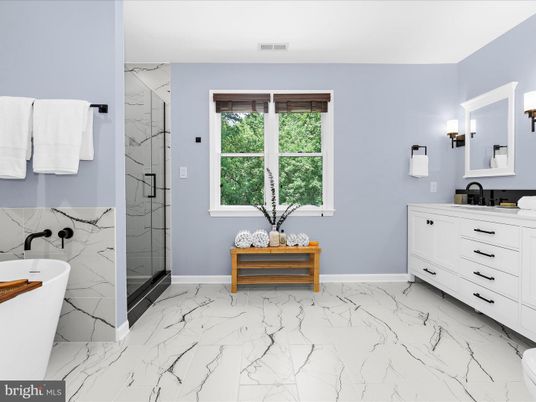 Bathroom, Free Standing Baths, Glass Shower, Interior, Marble, Marble Walls