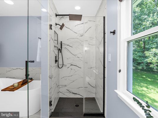 Bathroom, Glass Shower, Interior, Marble Walls, Recessed Lighting