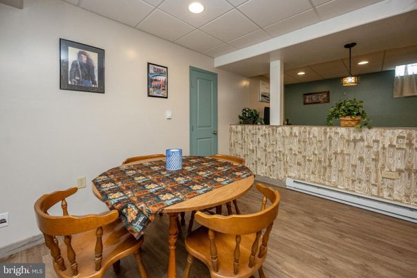 Dining room, Interior, Pendant Lights, Recessed Lighting, Wood Texture Flooring
