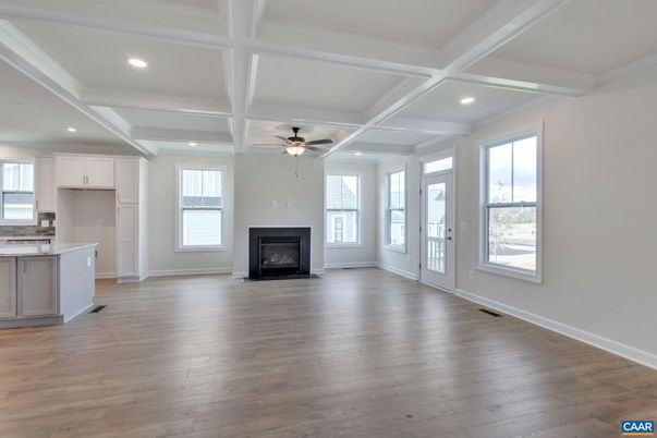 Empty room, Fireplace, Interior, Kitchen, Recessed Lighting, Wood Texture Flooring