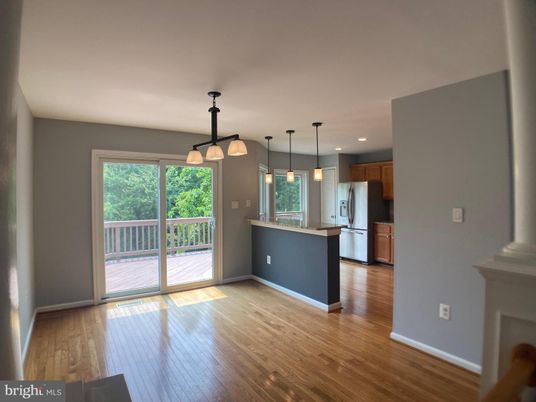 Empty room, Interior, Kitchen, Pendant Lights, Recessed Lighting, Wood Texture Flooring