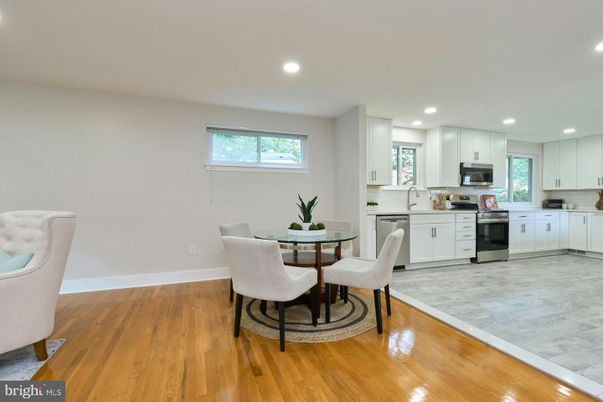 Dining room, Interior, Kitchen, Recessed Lighting, Stainless Steel Appliances, Wood Texture Flooring