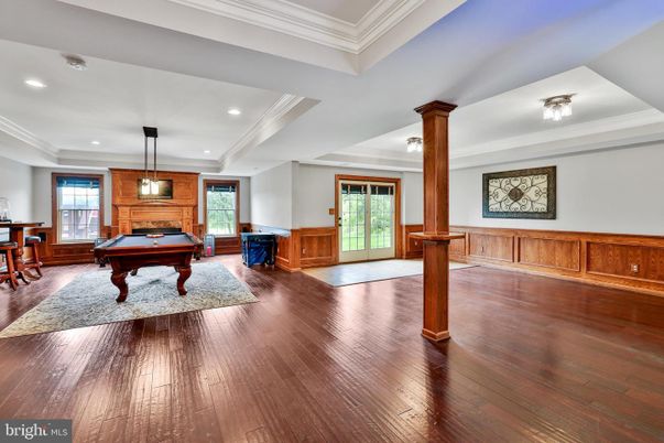 Billiard Table, Game Room, Interior, Pendant Lights, Recessed Lighting, Wood Texture Flooring