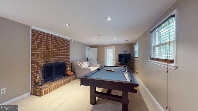 Billiard Table, Fireplace, Game Room, Interior, Recessed Lighting, Stone Walls