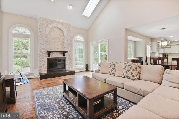Dining room, Fireplace, Interior, Living room, Pendant Lights, Recessed Lighting, Stone Walls, Wood Texture Flooring