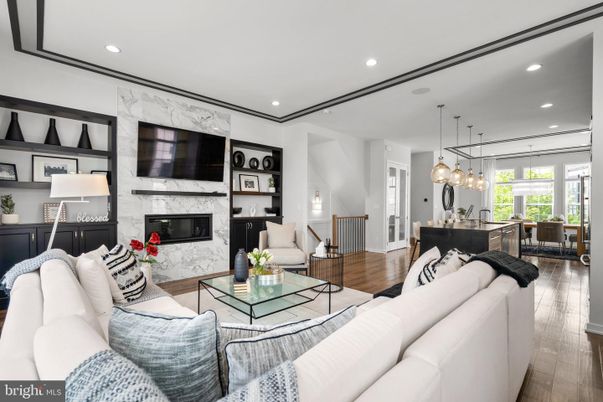 Dining room, Fireplace, Interior, Living room, Pendant Lights, Recessed Lighting, Wood Texture Flooring