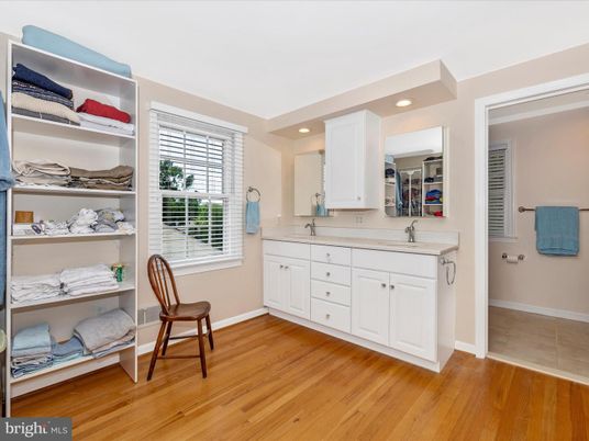 Bathroom, Dual Sink Vanities, Interior, Recessed Lighting, Wood Texture Flooring