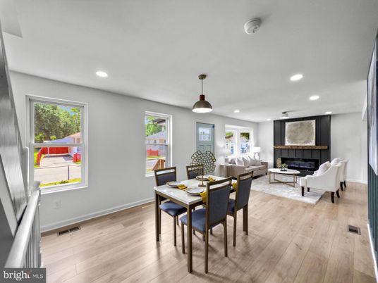 Dining room, Fireplace, Interior, Living room, Pendant Lights, Recessed Lighting, Wood Texture Flooring