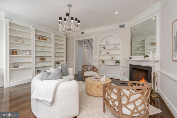 Chandelier, Fireplace, Interior, Living room, Recessed Lighting, Wood Texture Flooring
