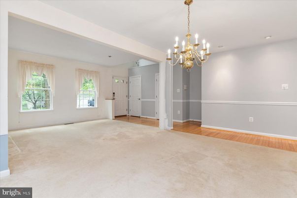 Chandelier, Empty room, Interior, Recessed Lighting, Wood Texture Flooring