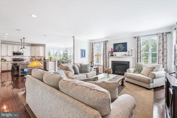 Dining room, Fireplace, Interior, Kitchen, Living room, Pendant Lights, Recessed Lighting, Wood Texture Flooring