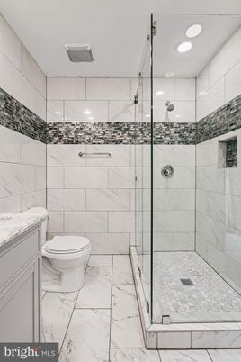 Bathroom, Glass Shower, Interior, Marble, Marble Walls, Recessed Lighting